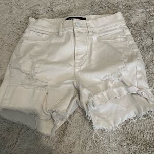 Express Cream Distressed Jean Shorts